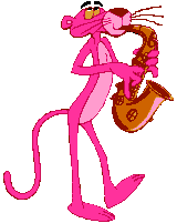 GIF анимация, анимашки. Розовая пантера, играющая на саксафоне.
